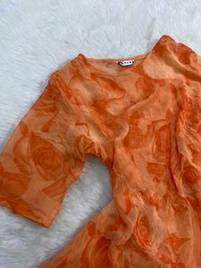 Vintage Orange Floral Sheer Mesh Top
