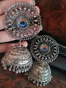 Silver Peacock Jhumka Earrings
