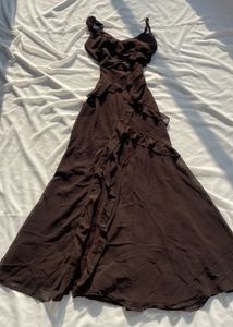 Brown legslit Ruffle Maxi Dress