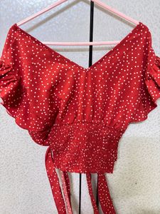 Red Polka Dot Ruffle Wrap Top