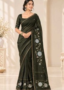 Embroidered Dark Green Saree