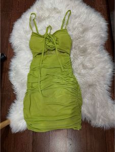 Lime Green Ruched Mesh Dress