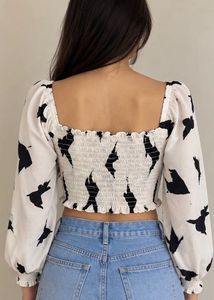 White &amp; Black Printed Puff Sleeve Crop Top