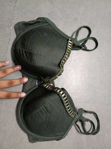 Green Textured Bikini Top with Gold Chain Detail
