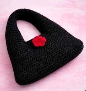 Black Crochet donut bag with Red Flower Accent