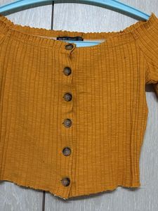 Off Shoulder Ribbed Button-Up Crop Top