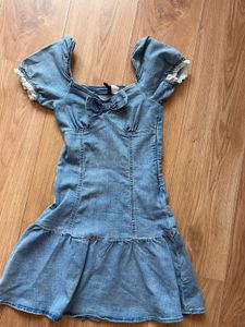 H&amp;M Denim Puff Sleeve Bow Dress