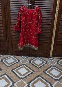 Stunning Red Kurta with Gold Leaf Design