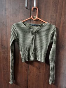 Ribbed Brown Long-Sleeve Top