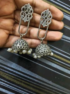 Silver look alike Jhumka Earrings with Pearls