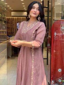 Mauve Embroidered Mul Chanderi Suit Set