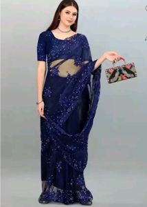 Blue New Net Saree with Blouse पीस Attached