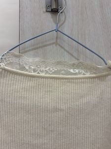 Cream Ribbed Lace Trim Top