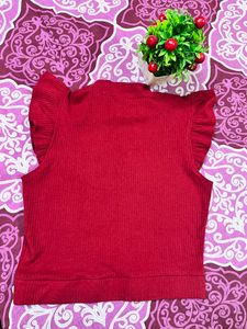Roadster Crop Maroon Ribbed High Neck Top