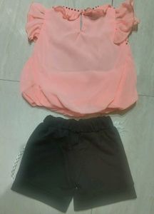 Cute Peach Top &amp; Black Shorts Set