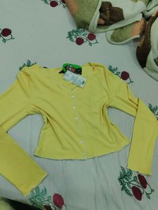 Yellow Ribbed Button-Up Top