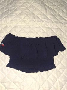 Navy Embroidered Off-the-Shoulder Crop Top