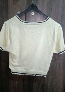 Cream Knit Crop Top with Navy Trim