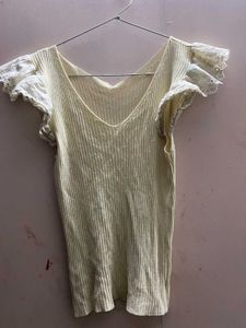 Light Yellow Ribbed Flutter Sleeve Top