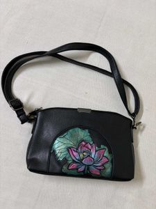 Black Leather Shoulder Bag with Lotus Design