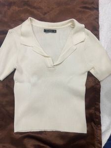 ZUDIO Cream Ribbed Collared Knit Top