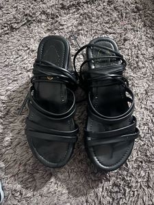 Black Strappy Lace-Up Wedge Sandals