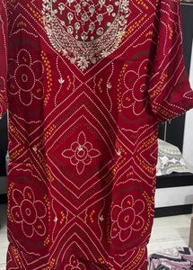Red Bandhani Kurta with Embellished Neckline