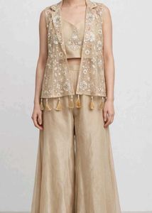 Embellished Beige Kurta Set with Jacket