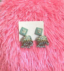 Beautiful Teal Jhumka Earrings with Crystals