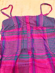 Women's Pink Plaid Spaghetti Strap Kurta