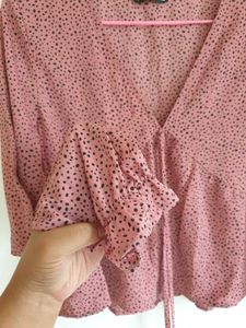 Blushing Dot Ruffle-Cuff Peplum Blouse.