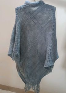 Grey Woollen Turtleneck Poncho | Winter Knit Cape