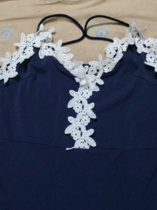 Navy Blue Lace Trimmed Dress