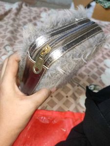 Gray Faux Fur Cosmetic Pouch