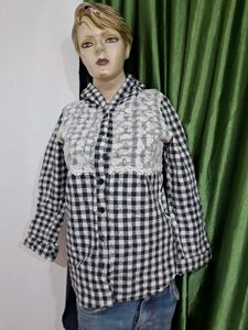 Black &amp; White Gingham Lace Hoodie Shirt