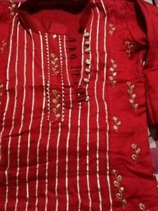 Red Striped Kurta with Embellishments