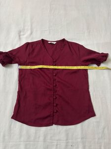 Maroon Button-Up Ruffle Sleeve Top