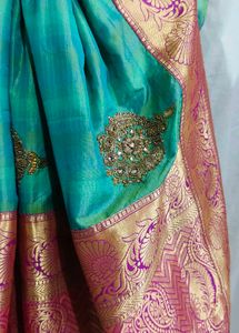 hand work 💯 Green Silk Saree with Gold Border
