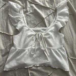 White Ruffle Tie Front Top