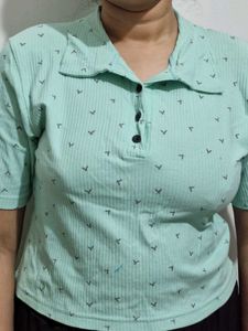 Mint Green Bird Print Polo Top
