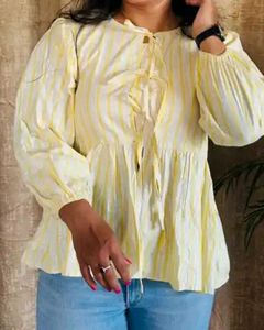 Chic Yellow Striped Tie-Neck Top