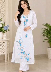 Elegant Off White Kurta with Blue Floral Embro