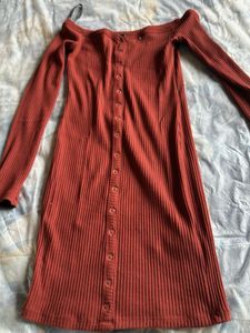 Ribbed Off-Shoulder Button-Up Midi Dress