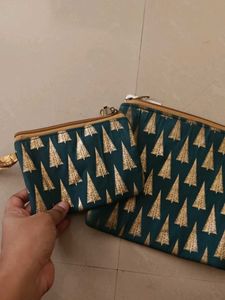Set of 2 Teal Pouches with Gold Tree Print