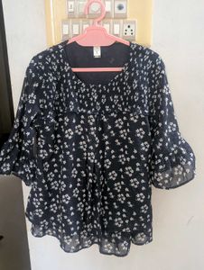 Navy Blue Floral Smocked Peplum Top