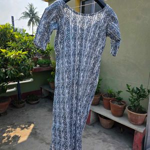 Grey &amp; White Printed Cotton Kurta