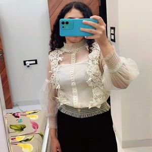 Elegant Lace Detail Sheer Sleeve Top