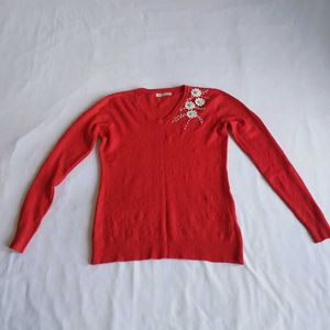 Elegant Red V-Neck Embellished Sweater🌷
