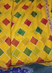 Vibrant Yellow Saree with Checkered Design
