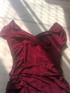 Maroon Ruched Off-Shoulder Dress